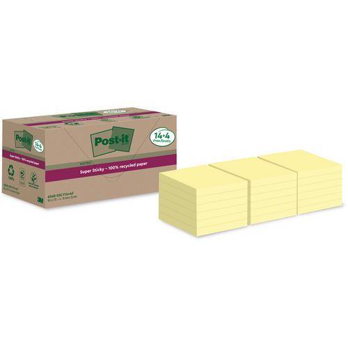 Super Sticky Notes kierrätettyä 76x76 mm 14 + 4 keltaista tyynyä Super Sticky Notes kierrätettyä 76x76 mm 14 + 4 keltaista tyynyä