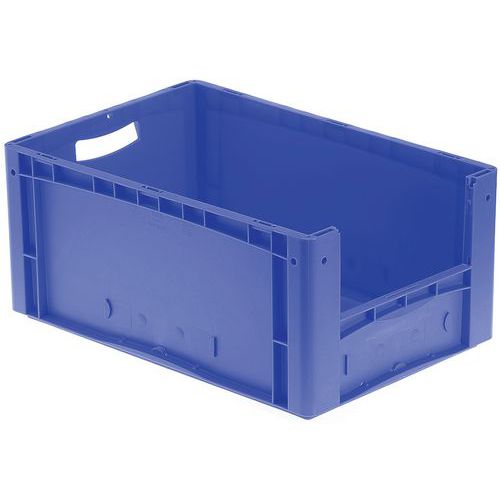 Muovilaatikko sininen, puoliksi auki oleva etuosa