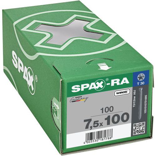 Laatikko, jossa 100 T-Star Plus Wirox TX -runko-ankkuria Ø 7,5 mm - Spax