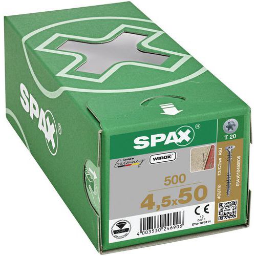 Laatikko 500 kiinnityspuuruuvia uppokanta TX Ø 4,5 mm - Spax Laatikko 500 kiinnityspuuruuvia uppokanta TX Ø 4,5 mm - Spax