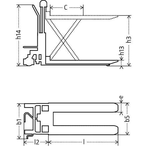 l = fourche longueure = fourche largeurh14 = poignée hauteurh13 = hauteur de levée minih3 = hauteur de levée maxib5 = fourches écartement ext. l = fourche longueure = fourche largeurh14 = poignée hauteurh13 = hauteur de levée minih3 = hauteur de levée maxib5 = fourches écartement ext.